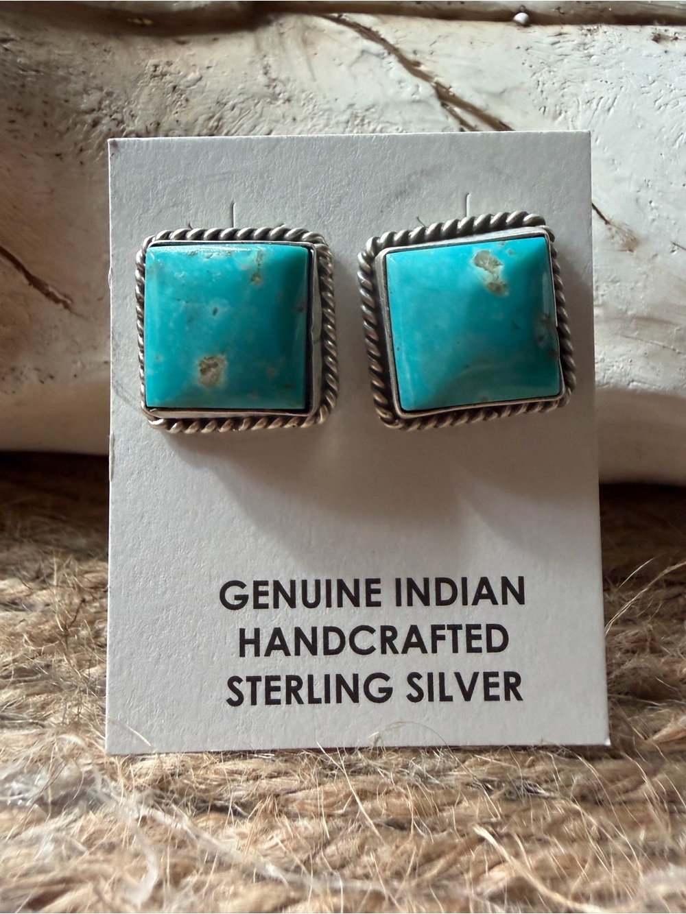 Genuine Indian Handcrafted Turquoise Sterling Silver Square Stud Earrings